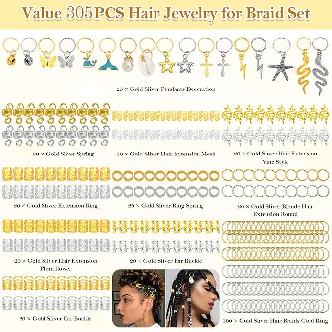 305PCS Gold Silver Hair Jewelry for Braids, Loc Jewelry for Hair Dreadlocks Braid for Women Men, Hair Cuffs Rings Charms Pendants Clips Dreadlock Decoration Accessories for Braided Hairstyles