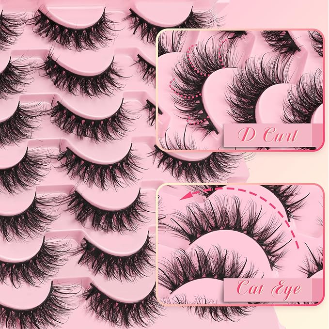 Ahrikiss Lashes Fluffy Eyelashes Wispy False Eyelashes Spiky Manga Lashes D Curl Cat Eye Lashes Natural Look 8D Volume Anime Fake Eyelashes Faux Mink Lashes 14 Pairs Pack (Spike02)