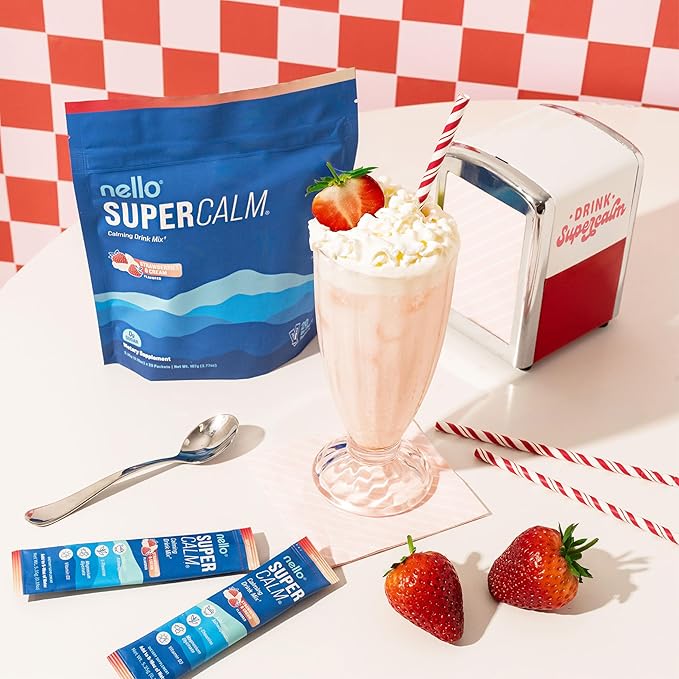 Supercalm Drink Mix - Ashwagandha KSM 66, Magnesium Glycinate & L-Theanine Supplement, Vitamin D3 - Ashwagandha Root Extract - Focus and Relaxation Support (20 Travel Packets) - Strawberries & Cream