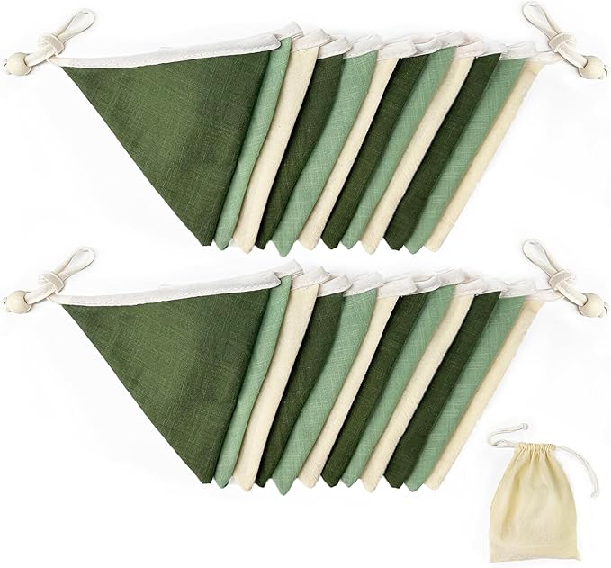 2 Sets of Sage Green Pennant Banner 24Pcs Nursery Garland Flags Olive Green Fabric Linen Triangle Streamers for Baby Room Decor Kids Jungle Safari Summer Birthday Baby Shower Boho Party Decorations