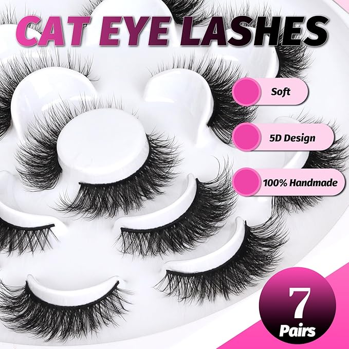 Veleasha Lashes 5D Faux Mink Lashes Crisscross False Eyelashes Handmade Cat Eye Lashes Wispy Fluffy Fake Lashes Luxurious Eyelashes Natural Look Volume Fake Eyelashes 7 Pairs Pack (614)