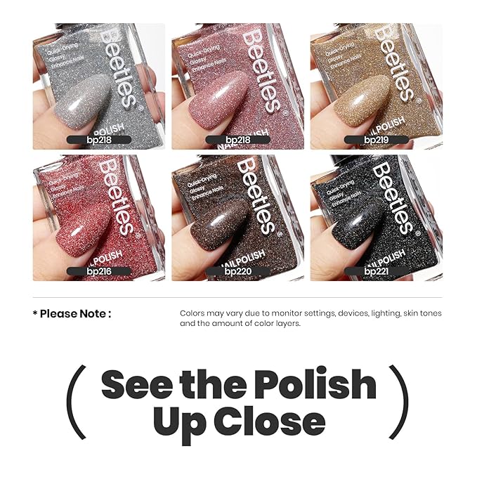 Beetles Glitter Nail Polish Set, 6 Color Silver Pink Gold Red Brown Black Quick Air Dry Nail Polish Natural Elegant Nail Lacquer Manicure DIY Nail Art Salon Christmas Gifts For Women