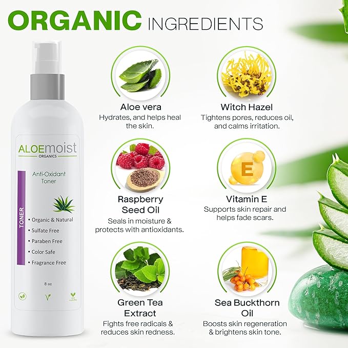 Aloe Vera Toner for Sensitive Skin: Hydrating Facial Toner for Women Anti Aging Dry, Oily & Acne Prone Skin with Soothing Aloe Vera, Pore Minimizing Witch Hazel, pH Balancing Antioxidant Green Tea 8oz
