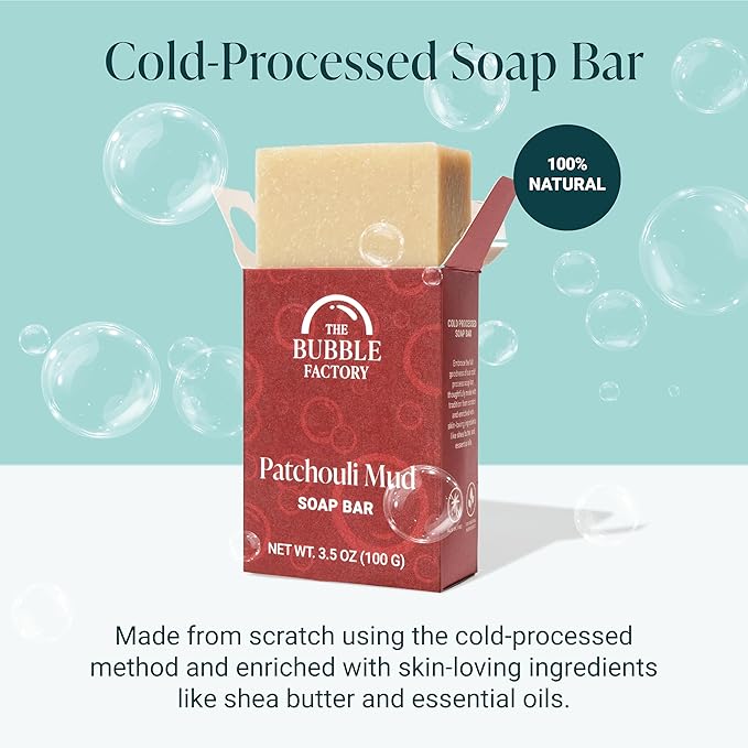 The Bubble Factory Handmade Natural Bath & Body Soap Bar, Vegan, All-Natural, Palm Oil Free, Made in USA with Shea Butter + Essential Oils, Patchouli Mud, 3 Bars