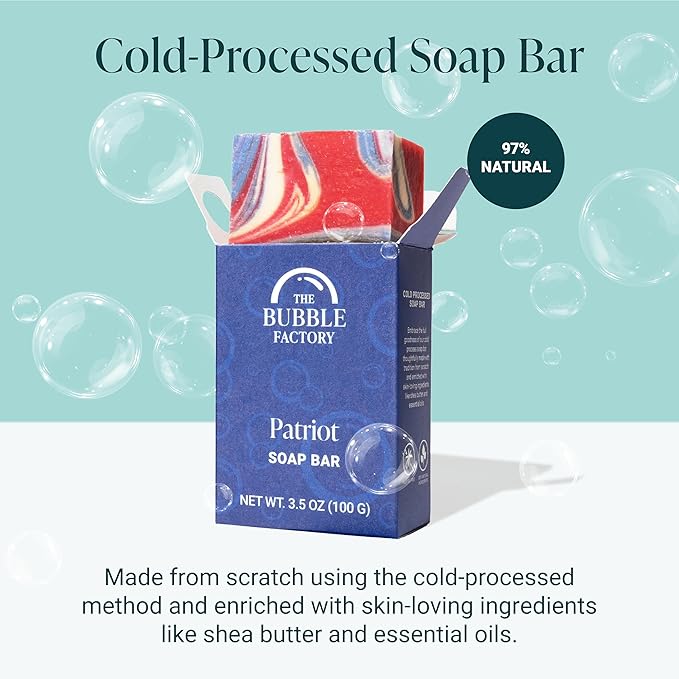 The Bubble Factory Handmade Soap, All Natural Soap for Women & Men, Hand, Bath & Body Natural Bar Soap, Vegan, Palm Oil Free, Made in USA with Shea Butter + Essential Oils, Patriot, Single