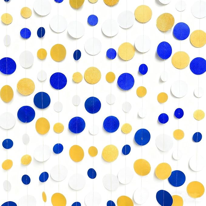 Royal Blue Gold White Party Polka Dot Garland Dark Blue Glitter Gold White Hanging Paper Circle Dots Streamer for Birthday Graduation Baby Shower Wedding Retirement Nautical Party Decorations Supplies