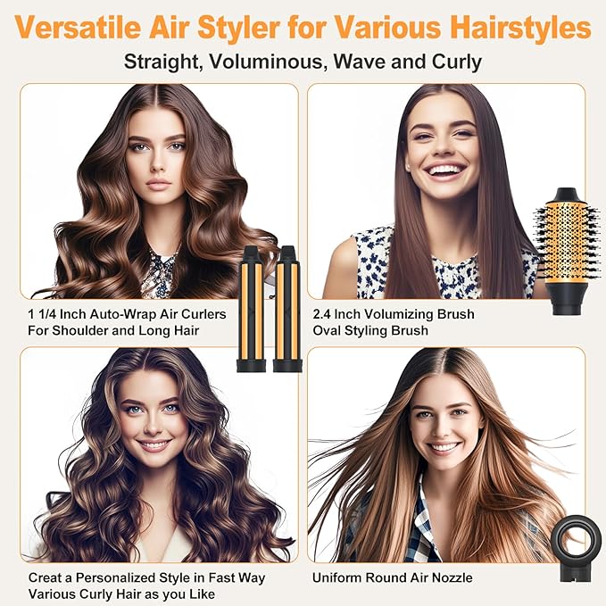 Air Styler Hair Dryer Brush - 110,000 RPM Flexible Hair Styler for Fast Drying/Rotating Curling/Volumizing/Straightening, Auto Wrap Curlers, High-Speed Oval Blow Brush Hair Dryer (Black-Orange)