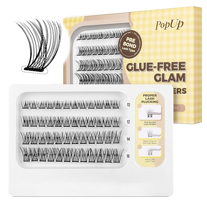 PopUp Self Adhesive Eyelashes Clusters, Press On Lashes Pre Glued Eyelash Extension Kit with Lash Tweezer,10-16mm No Glue No Remover Needed Self Adhesive Lashes Clusters AC01-X