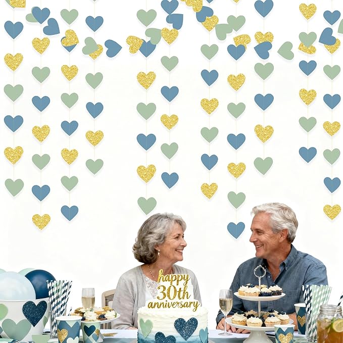 Sage Green Dusty Blue Gold Heart Party Decorations Gold Glitter Paper Dusty Green Blue Love Heart Hanging Garland Streamer Banner for Silly Goose Birthday Baby Shower Valentines Day Anniversary Party