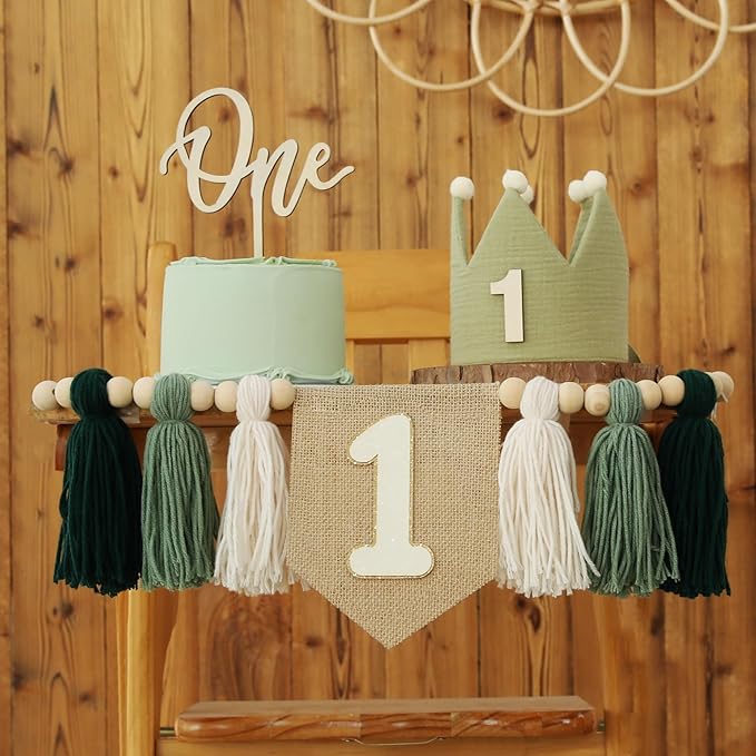 1st Green High chair Banner Wood Bead Tassel Garland Crown Hat Wooden Cake Topper Birthday Party Decorations