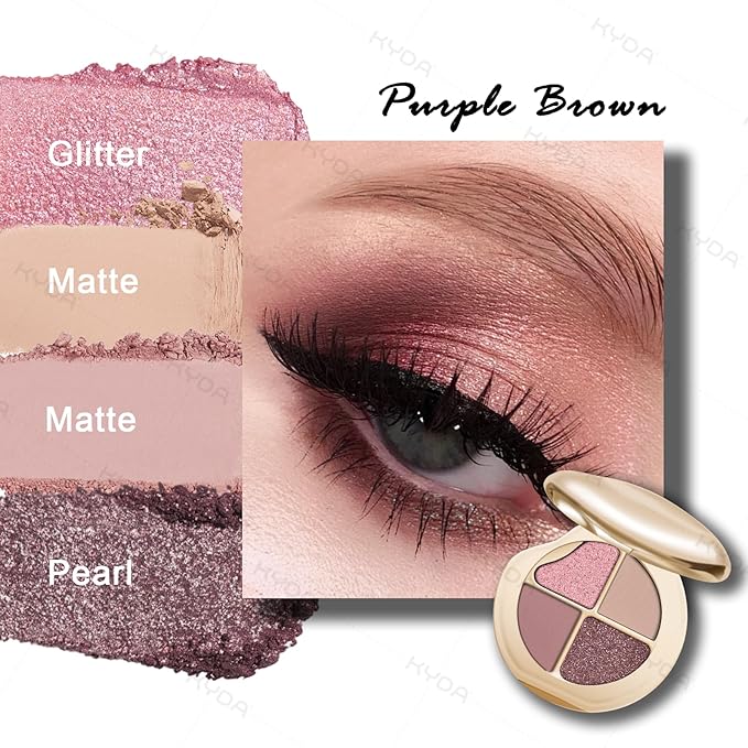 KYDA 4 Colors Eyeshadow Palette, Neutral Matte Eyeshadow, Pearl Metallic Glitter Makeup Palette, High Pigment Pressed Powder Eye Makeup for Old Women, Lasting Blendable Eyes Shadow, Purple Brown