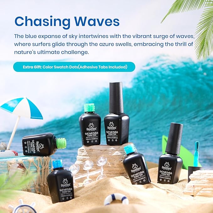 Beetles Blue Gel Nail Polish, 6 Colors Swirl Pacific Blue Glitter Blue Green Gel Polish Swirl Shell Thread Effect Soak Off Nail Art Design Salon Home Manicure Gift for Girls Women