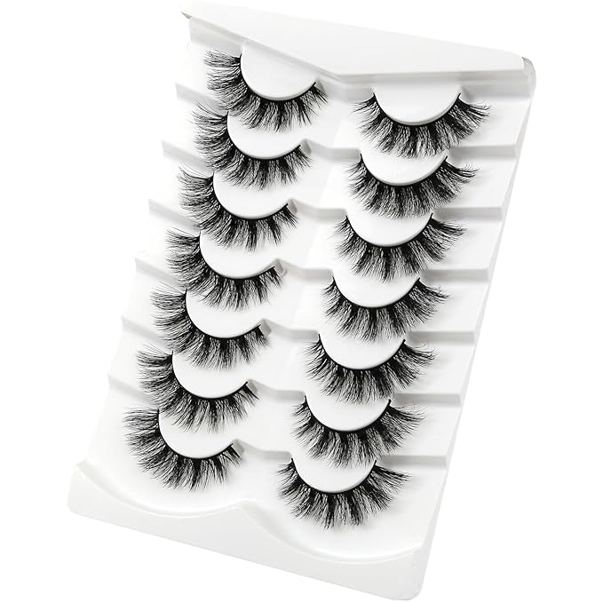 3D Clear Band Lashes 14mm Natural Soft Faux Mink Lashes C/D Curl Cat Eye Wispy Fake Eyelashes Short Cross Reusable False EyeLashes 7 Pairs (No.368)