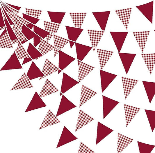 32Ft Burgundy Party Decorations Burgundy Gingham Plaid Checkered Triangle Flag Pennant Fabric Garland Streamers for Graduation Wedding Birthday Baby Shower Picnic Outdoor Home Party Decorations