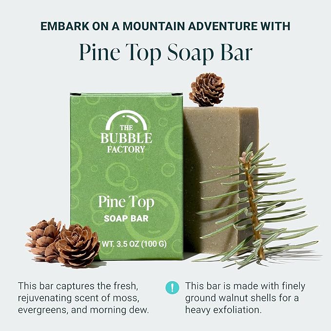 The Bubble Factory Handmade Natural Bath & Body Soap Bar, Vegan, All-Natural, Palm Oil Free, Made in USA with Shea Butter + Essential Oils, Pine Top, 3 Bars
