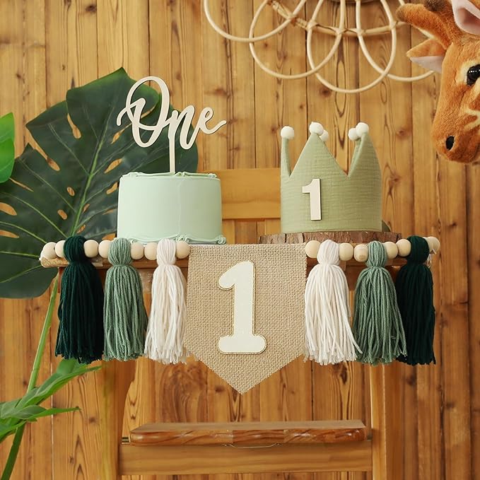 1st Green High chair Banner Wood Bead Tassel Garland Crown Hat Wooden Cake Topper Birthday Party Decorations