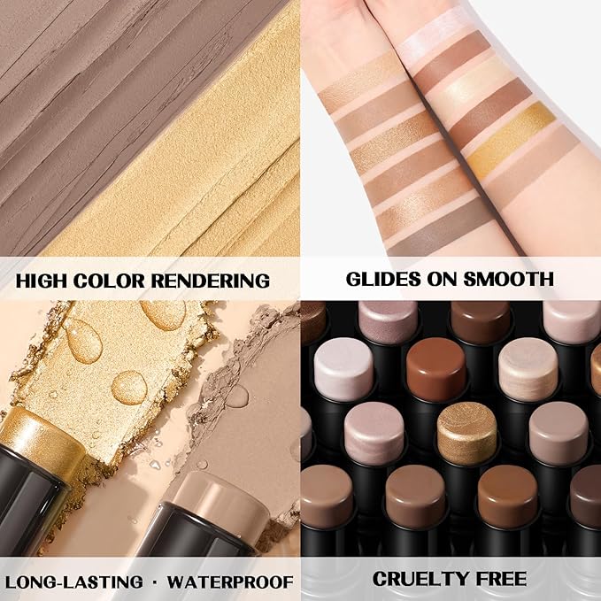 FOCALLURE 2 Pcs Mineral Cream Contour Stick,Moisturize Highlighter and Bronzer Pen,Non Stick Face Brightens & Shades Pencil,Long Lasting & Smooth Gliding Face Illuminator Makeup,22+09