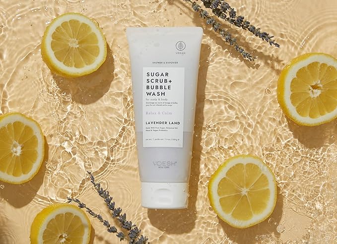 VOESH Sugar Scrub + Bubble Wash, Exfoliating Body Scrub & Body Wash, Lavender Land, Scalp Scrub, Scalp Care, Shower Sugar Scrub, Vegan Body Care