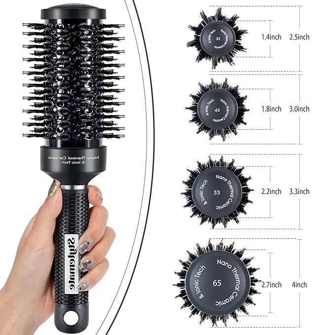 Round Hair Brush, (Barrel 1.3 inch, 32mm) Nano Thermal Ceramic & Ionic Tech Round Barrel Roller Hair Brush with Boar Bristles for Blow Drying-Black