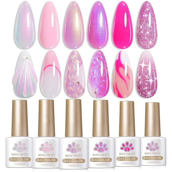 BORN PRETTY Pink Gel Nail Polish 6 Colors Shimmer Glitter Pearl Mermaid Hot Pink Purple Shades Gel Polish Kit Soak Off Gel Nail Kit Collection Nail Art Gel Manicure Kit DIY at Home Salon Gifts
