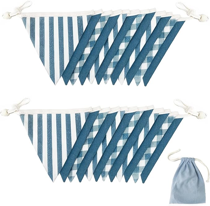 2 Sets Blue Pennant Banner Flags 24Pcs Blue Plaid Striped Nursery Garland Linen Fabric Triangle Streamers for Baby Playroom Decor Boys Nautical Checkered Birthday Baby Shower Party Decorations