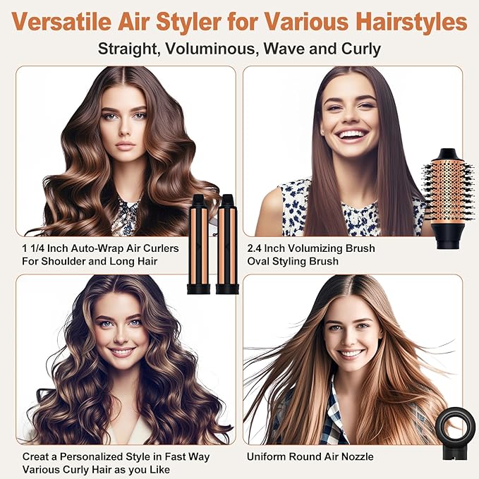 Air Styler Hair Dryer Brush - 110,000 RPM Flexible Hair Styler for Fast Drying/Rotating Curling/Volumizing/Straightening, Auto Wrap Curlers, High-Speed Oval Blow Brush Hair Dryer (Black-Caramel)