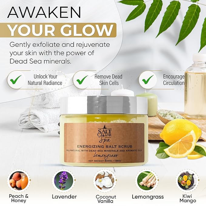 Salt Cellar Spa Skin Reviving Kiwi Mango Salt Scrub - Energize Your Skin with Dead Sea Minerals - Revive, Refresh, and Rejuvenate - Made in Israel, Cruelty-Free, 18 oz.