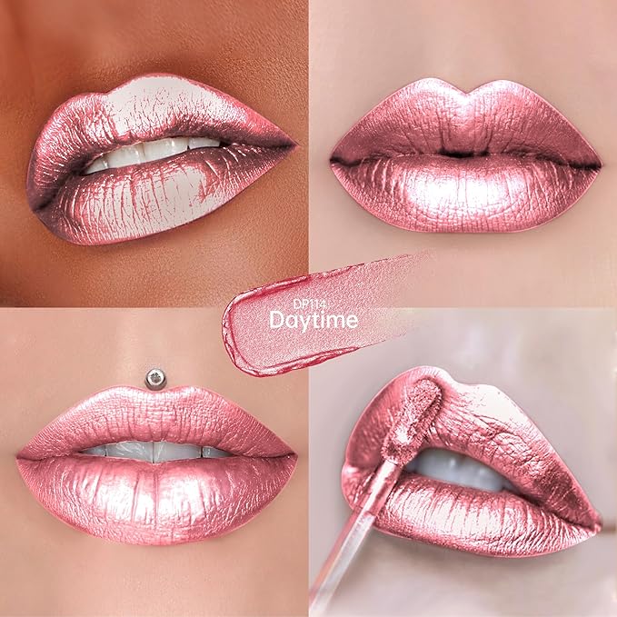 light Pink Lipsticks for Women Metallic Lipstick Long Lasting Non Stick Cup Lip Gloss, Shimmer Lightweight Hydrating Full Coverage Lip Color, DP114 Daytime