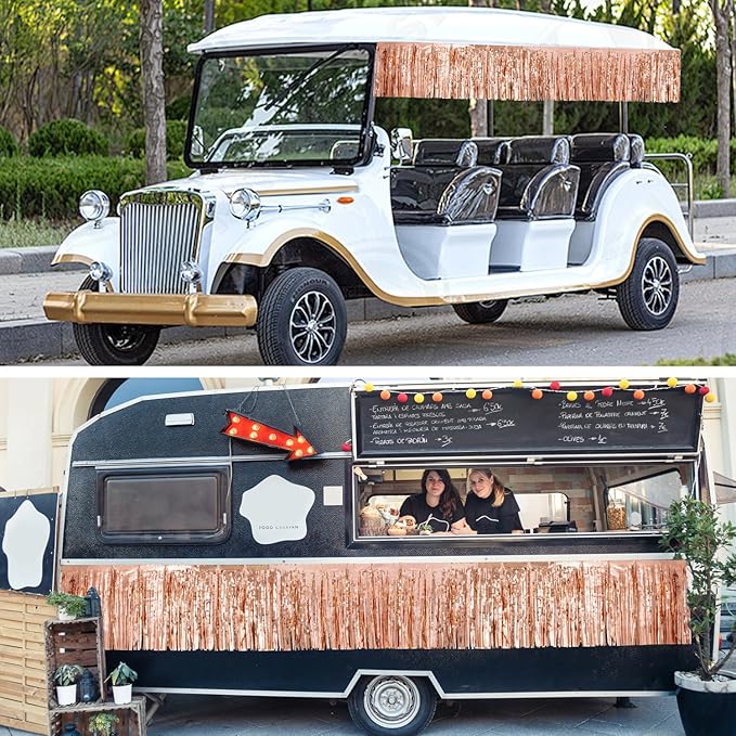 4Packs 12ft Rose Gold Tinsel Party Banner Garlands Disposable Table Skirts Wall Hanging Streamers Curtains Backdrop Party Decorations Photo Booth Props for Parade Floats Birthday Celebration