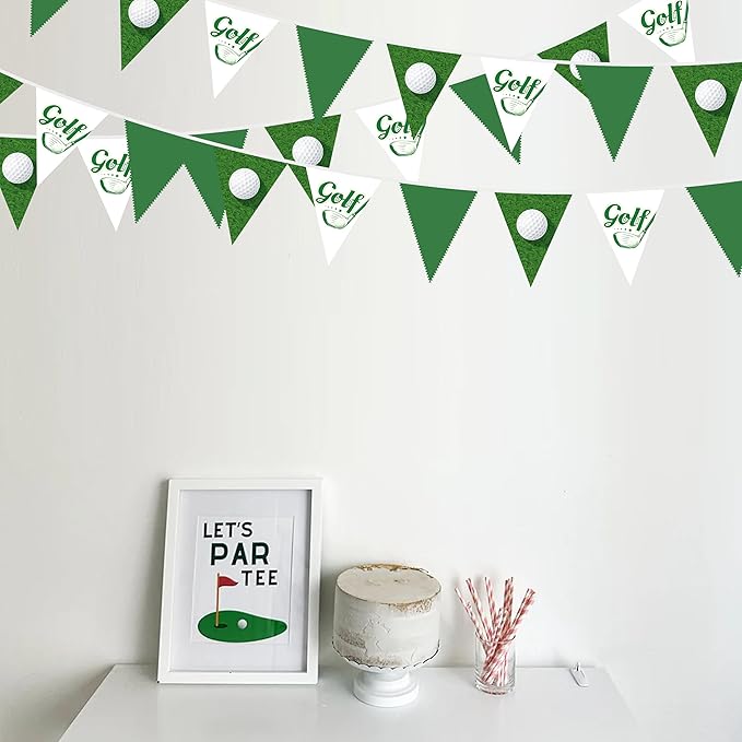 32Ft Golf Party Decorations Green White Golf Ball Triangle Flag Fabric Banner Pennant Garland Streamers for Let's Par-tee Birthday Baby Shower Fans Outdoor Indoor Masters Sports Party Decor Supplies