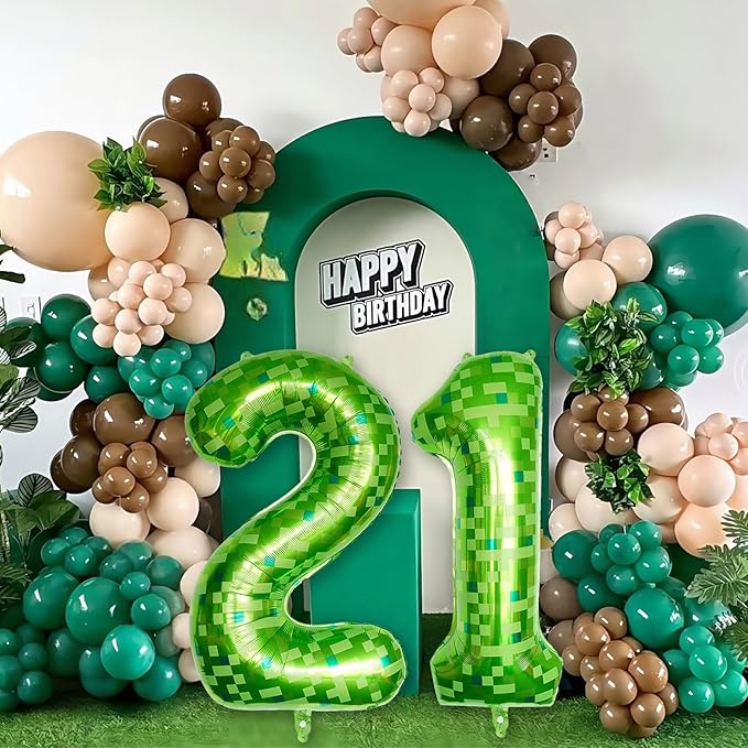 21st Birthday Balloons for Men, Large Lime Green Pixel Number 21 Balloon, 40 Inch Dark Kelly Green Foil 21 Balloon Number for 21 Year Old Birthday Video Game Forest Patrick's Day Party Decorations