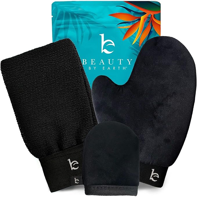 Self Tanning Mitt Applicator Set - 3 in 1 Ultra Soft Mitts, Exfoliating Glove, Face & Body Tanner Glove w/Thumb, for the Perfect Streak-Free Fake Tan, Velvety Soft Tanning Lotion Applicator, Reusable