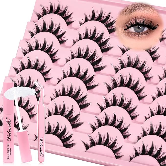 Veleasha Lashes Manga Spiky Natural Eyelashes Kit with Waterproof Lash Glue and Lash Tweezers Anime False Eyelashes 14 Pairs 3D Soft 100% Handmade Fairy Manhua Lashes (3D11-Kit)