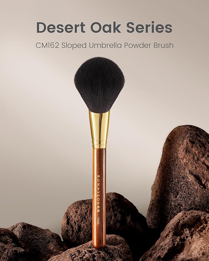 Desert Oak Series Sloped Umbrella Powder Brush - Angled Top for Effortless Powder Application, Premium Goat Hair Bristles with Bubinga Handle & Golden Brass Ferrule (CM 162)