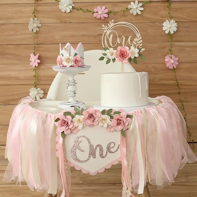 Wildflower 1st High Chair Banner Birthday Decorations For Girl Pink Flower Cake Topper Hat Floral Theme Party Decoration