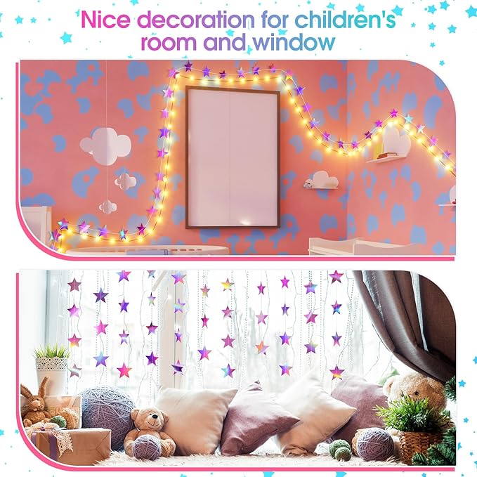 Patelai Glitter Star Garland Banner New Years Decor 130 Feet Star Hanging Banner Twinkle Backdrop for Birthday Classroom Wedding Halloween Christmas Party Supplies(Iridescent Purple)