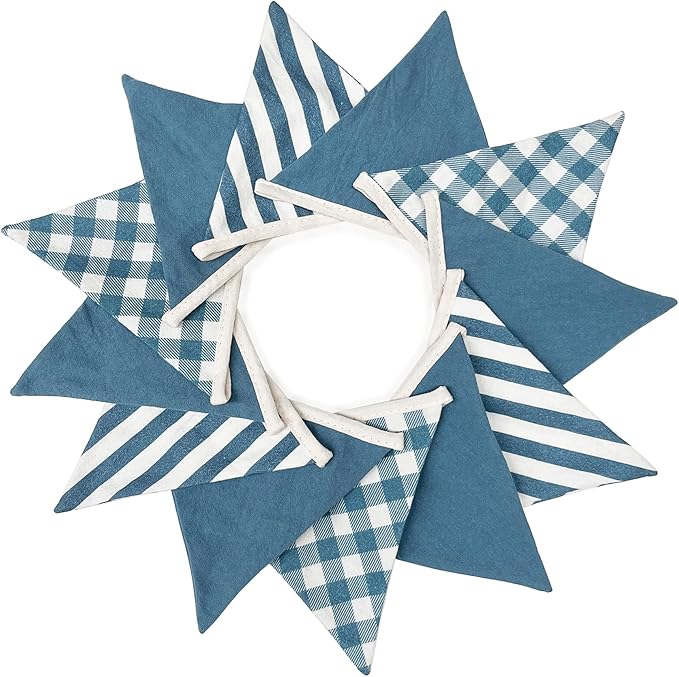 2 Sets Blue Pennant Banner Flags 24Pcs Blue Plaid Striped Nursery Garland Linen Fabric Triangle Streamers for Baby Playroom Decor Boys Nautical Checkered Birthday Baby Shower Party Decorations
