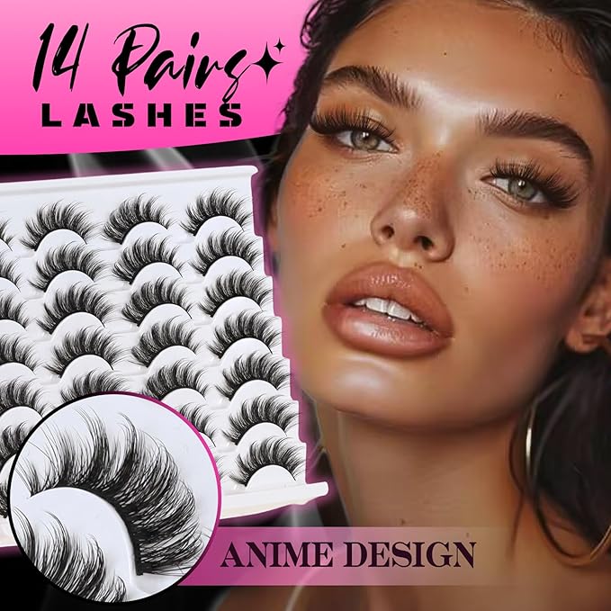 Veleash Natural Lashes Cat Eye Lash Eyelashes Natural Look Soft Strip Lashes Faux Mink Eyelashes Look Like Lash Extensions Effect C Curl Manga Eyelash Fluffy Short Eye 14 Pairs Pack (Pixie)