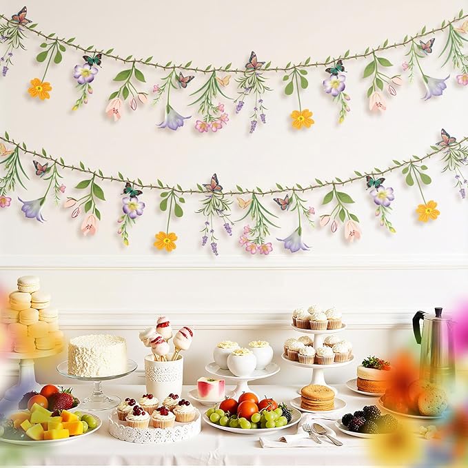 2PCS Flower Banner Reusable Wildflower Garland Floral for Spring Party Enchanted Garden Theme Picnic Wedding Baby Shower Birthday Tea Party Christmas Valentine's Day Supplies Home Decorations