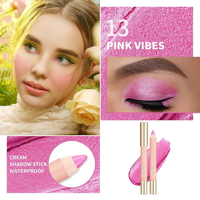 Oulac Waterproof Pink Eyeshadow Pencil for Long-Lasting Eye Looks - Easy to apply, Blendable and Smudge-proof, Vegan Beauty 3.8g, (13) Pink Vibes