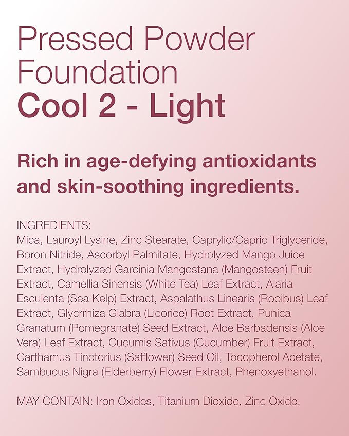 Mineral Fusion Pressed Powder Foundation - Matte Finish Face Powder for Fair-Medium Skin with Pink/Red Undertones - Age Defying Natural Makeup - Talc Free, Vegan, Hypoallergenic (Cool 2)