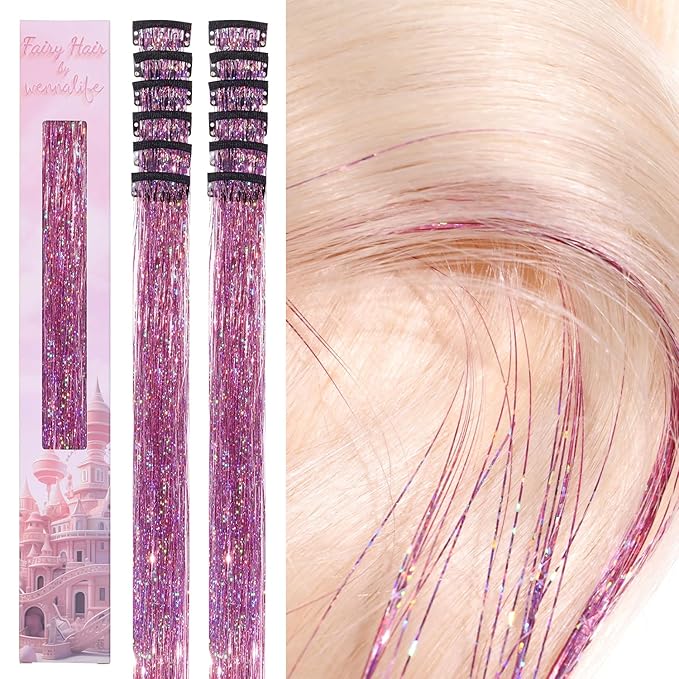 WENNALIFE Hair Tinsel kit for Girls, Clip in Pink, 12PCS 24 Inch Hair Accessories for Women Clip in Colorful Glitter Tinsel Hair Fairy Girls Hair Accessories for Kids