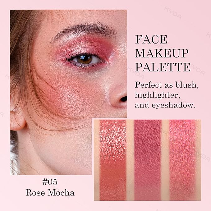 KYDA 3 Colors Blush Palette, All-In-One Face Maleup Palette, Matte Cheek Blusher Makeup, Multi-Finish Shimmery Blusher, Blendable Blush Highlighter Powder,05