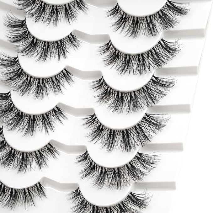 3D Clear Band Lashes 14mm Natural Soft Faux Mink Lashes C/D Curl Cat Eye Wispy Fake Eyelashes Short Cross Reusable False EyeLashes 7 Pairs (No.199)