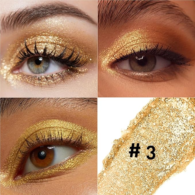 Glitter Eyeshadow Stick Metallic Chrome Finish, Shimmer Cream Eye Shadow Stick Long Lasting Holographic Color Sparkle Multi-Use Eye Brightener Highlighter Makeup Blendable Eyeliner Pencil, 3#