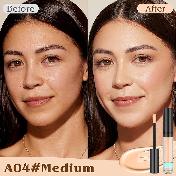 Full Coverage Liquid Concealer, Foundation Makeup for Older Women, Covers Blemishes & Under-Eye Circles, Spots, Matte Finish, Hydrating Primer for Correct, 0.06 fl oz, Vegan & Cruelty-Free 04#Medium