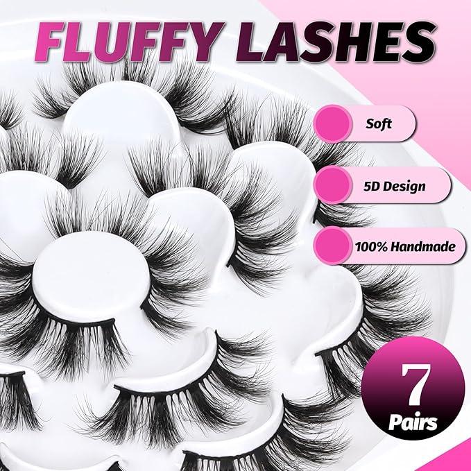 Veleasha Lashes 5D Faux Mink Cat Eye Lashes - Handmade Wispy Fluffy Luxurious Eyelashes - Natural Look Volume Spike - 7 Pairs Pack (808)