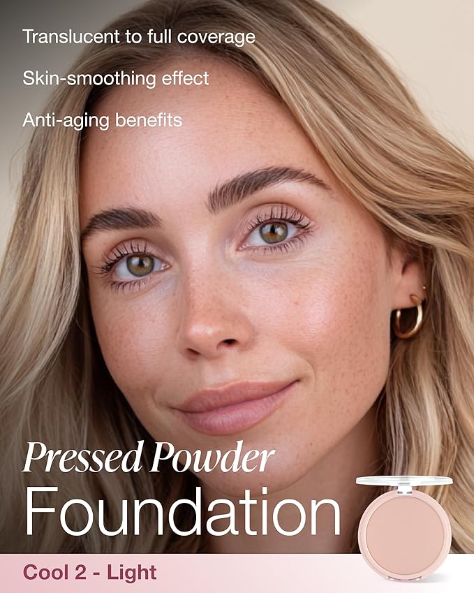 Mineral Fusion Pressed Powder Foundation - Matte Finish Face Powder for Fair-Medium Skin with Pink/Red Undertones - Age Defying Natural Makeup - Talc Free, Vegan, Hypoallergenic (Cool 2)