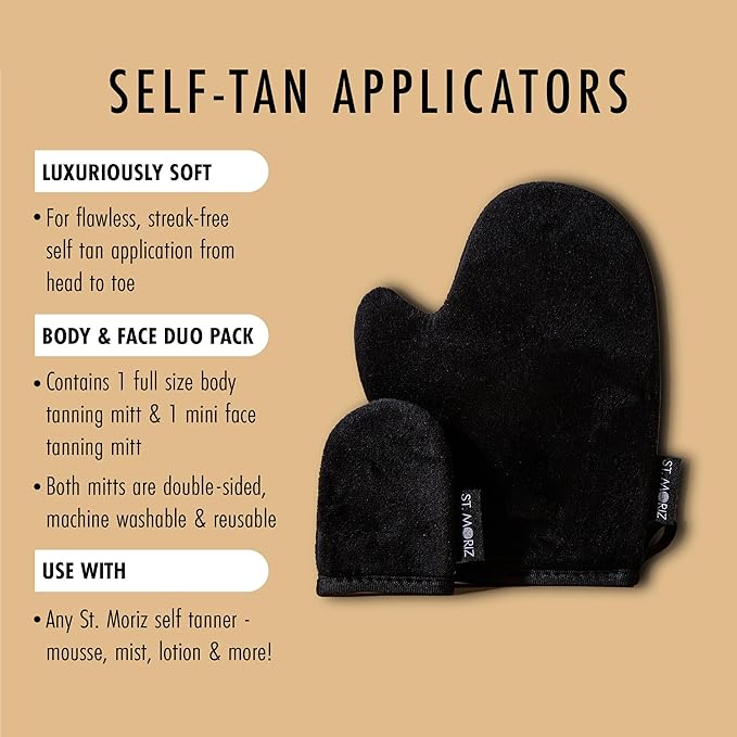 St Moriz Luxury Self Tanning Mitt & Face Mitt Duo Pack - Velvety Soft, Double Sided, Washable Self Tanner Applicator Gloves with Thumb For Even Self Tan Coverage & Streak Free Finish - Pack of 2