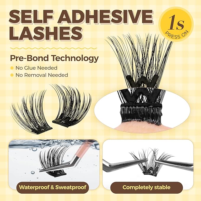 PopUp Self Adhesive Eyelashes Clusters, Press On Lashes Pre Glued Eyelash Extension Kit with Lash Tweezer,10-16mm No Glue No Remover Needed Self Adhesive Lashes Clusters ZNF23